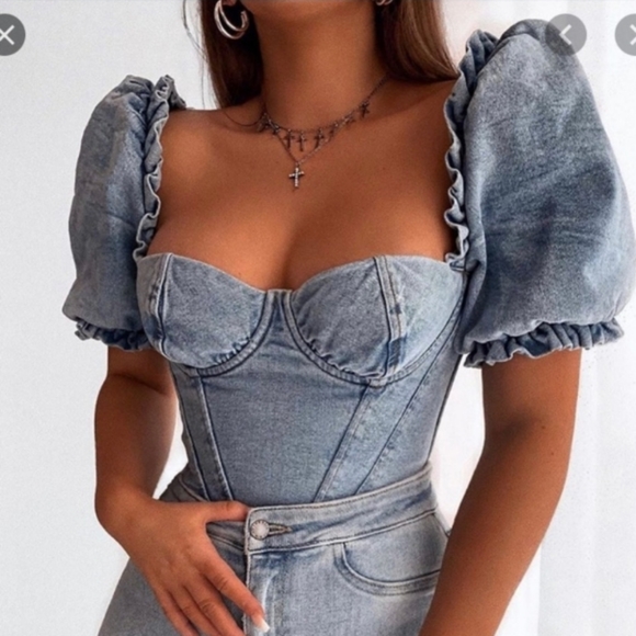 RARE House Of Cb Lulette Denim Corset Bustier Crop top With Puff Sleeves - Picture 1 of 5